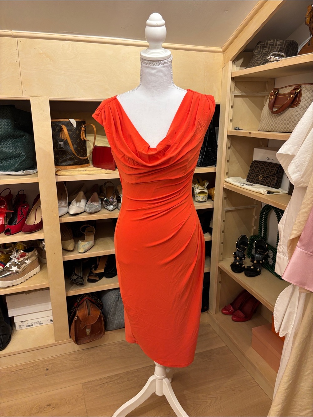 Ralph Lauren Coral-Red Cowl Neck Midi Dress